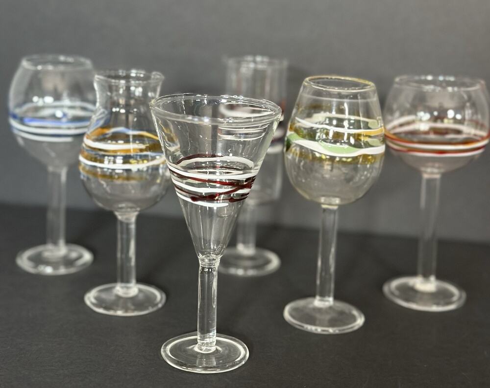 Vintage Hand Blown Multicolor Art Glass Cordial Glasses Set of 6 MCM Barware